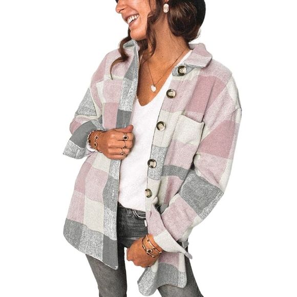 PRETTYGARDEN Tops - PRETTYGARDEN Womens Plaid Shacket Long Sleeve Button Down Flannel (Pink, XL)